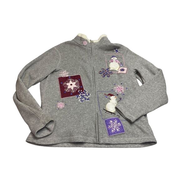 Croft & Barrow Cardigan Sweater Women's Medium Gray Fleece Snowman Full Zip - Picture 1 of 9